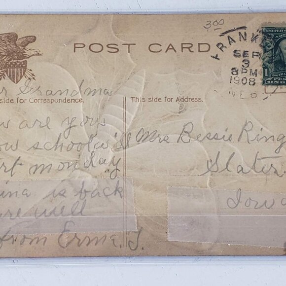 Vintage 1908 Purple Butterfly Embossed Postcard Iowa Grandma Bessie RIngenberg - Picture 2 of 4